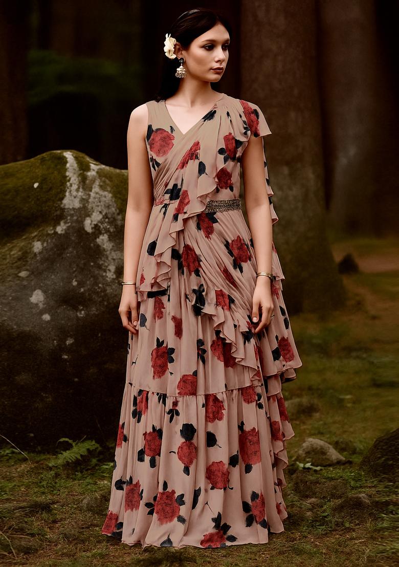 Light Brown Satin Printed Pre Draped Saree Set