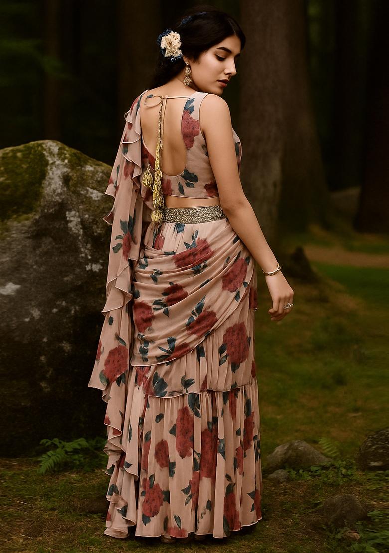 Light Brown Satin Printed Pre Draped Saree Set