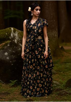 Black Georgette Printed Blouse Pre Draped Saree Set