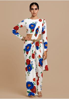 White Satin Printed Blouse Pre Draped Saree Set