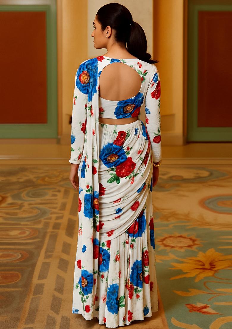 White Satin Printed Blouse Pre Draped Saree Set - Indya