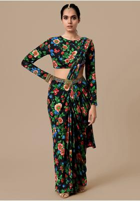 Black Georgette Printed Blouse Pre Draped Saree Set