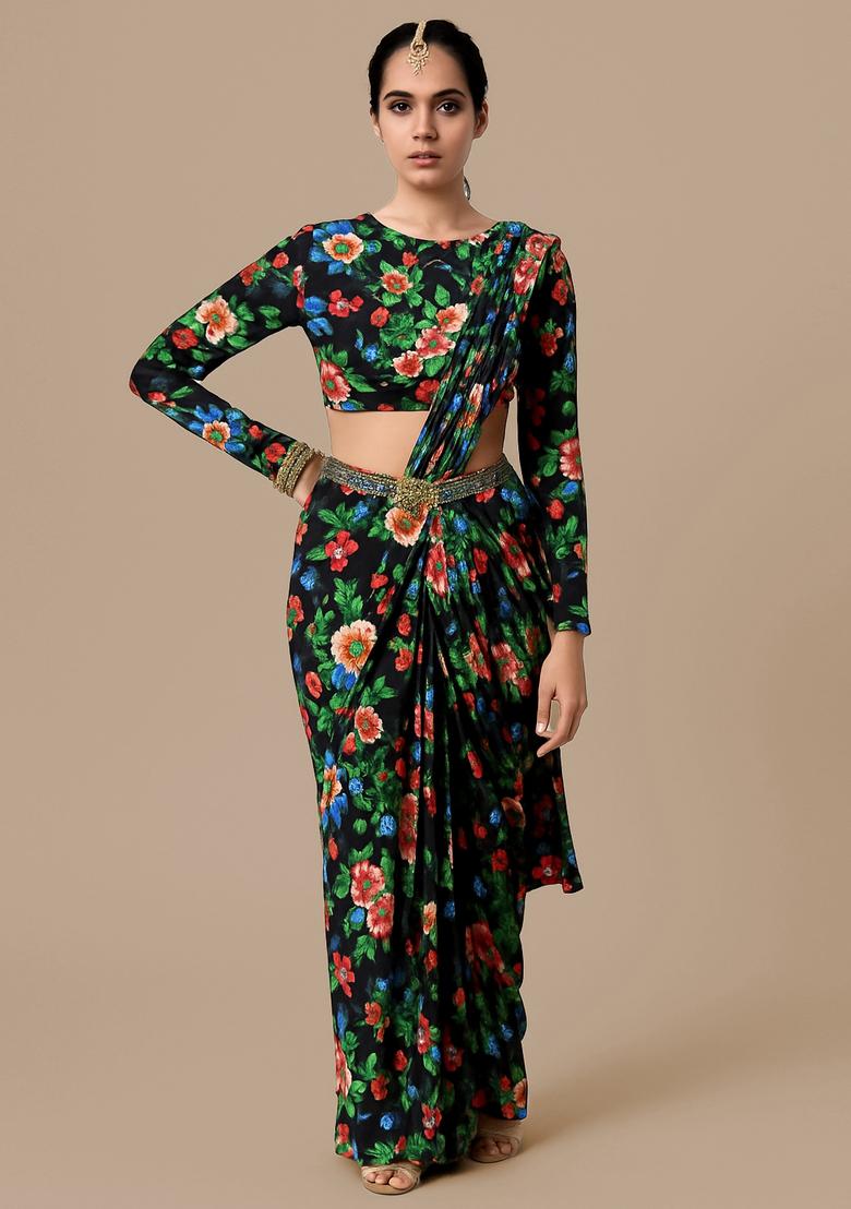 Black Georgette Printed Pre Draped Saree Set