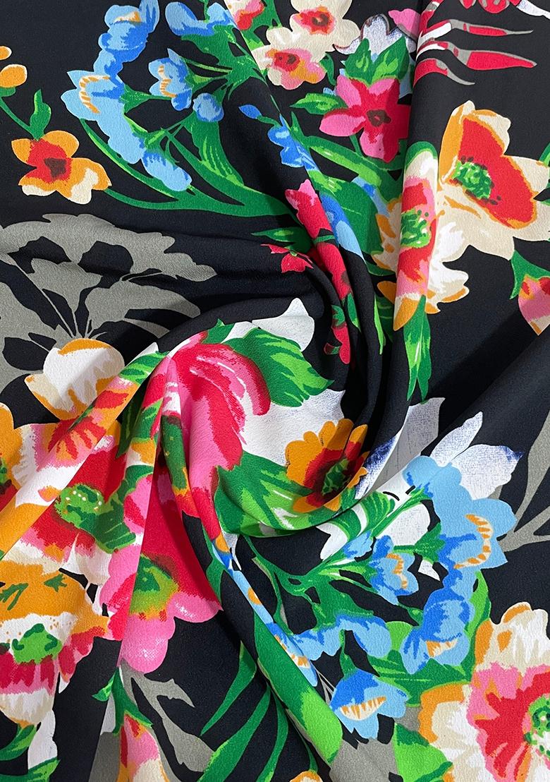 Black Georgette Printed Pre Draped Saree Set