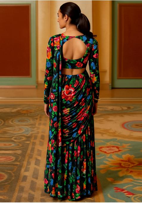 Black Georgette Printed Pre Draped Saree Set