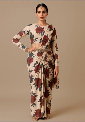 Light Brown Satin Printed Blouse Pre Draped Saree Set