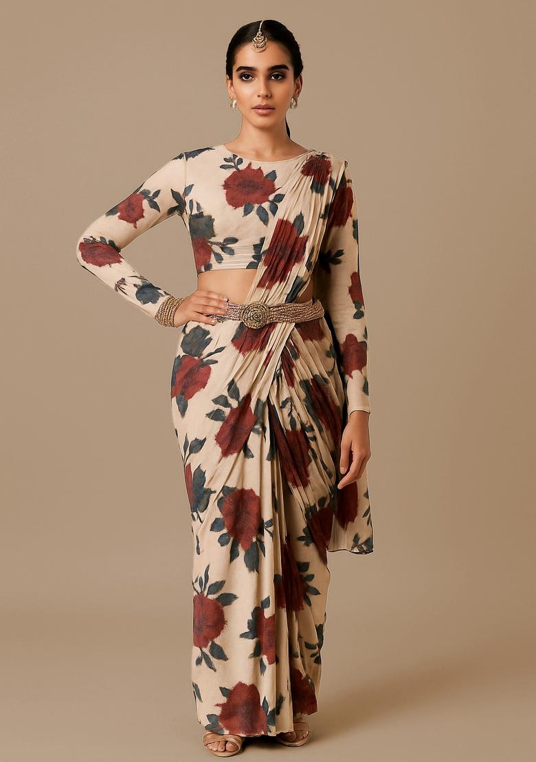 Light Brown Satin Printed Pre Draped Saree Set