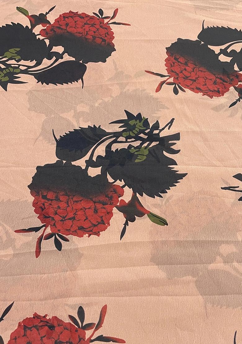 Light Brown Satin Printed Pre Draped Saree Set