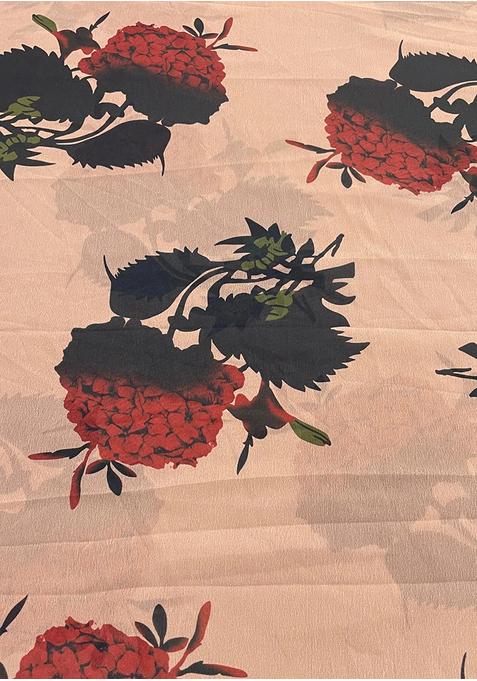 Light Brown Satin Printed Pre Draped Saree Set