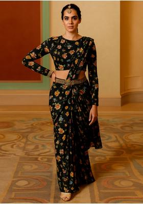 Black Georgette Printed Blouse Pre Draped Saree Set