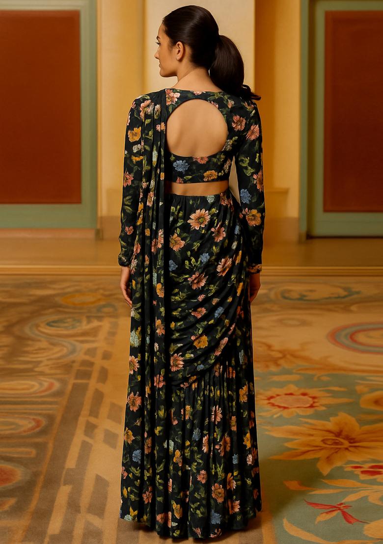 Black Georgette Printed Blouse Pre Draped Saree Set - Indya