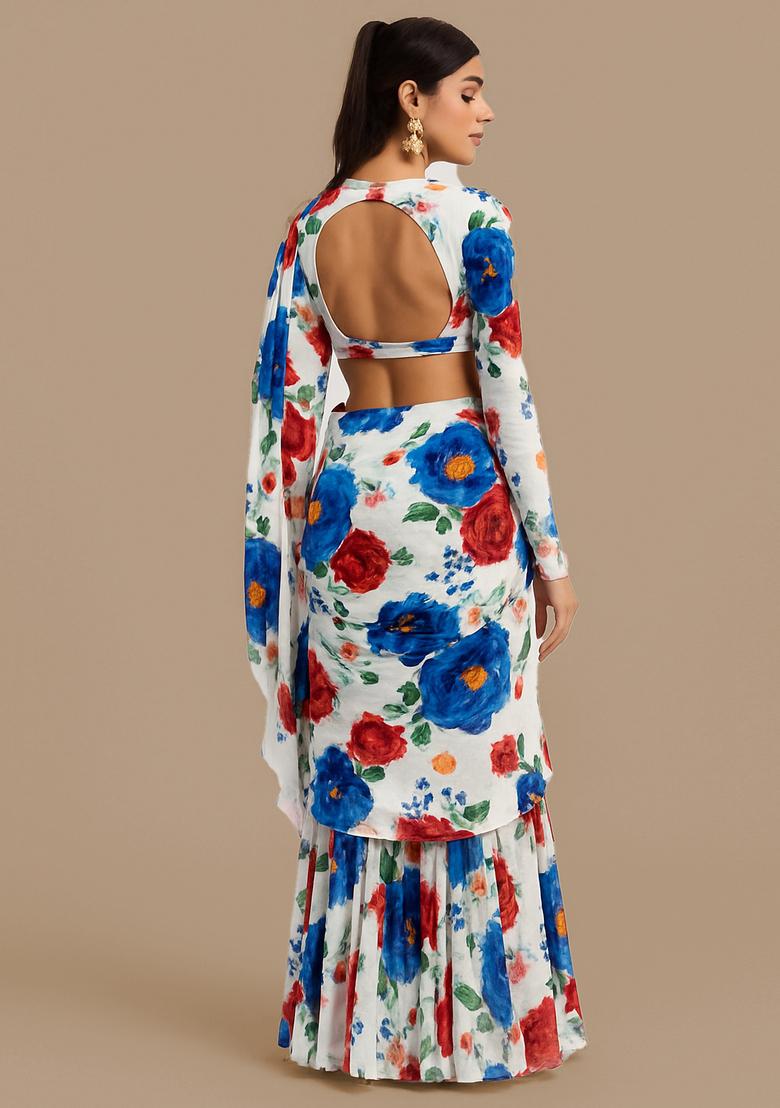 White Satin Printed Blouse Pre Draped Saree Set - Indya