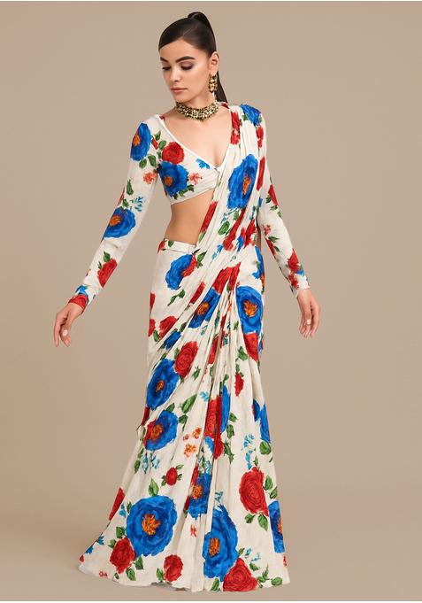 White Satin Printed Pre Draped Saree Set