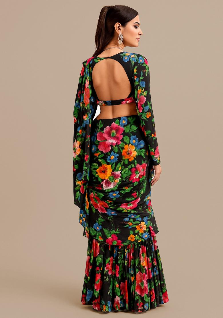 Black Georgette Printed Blouse Pre Draped Saree Set - Indya