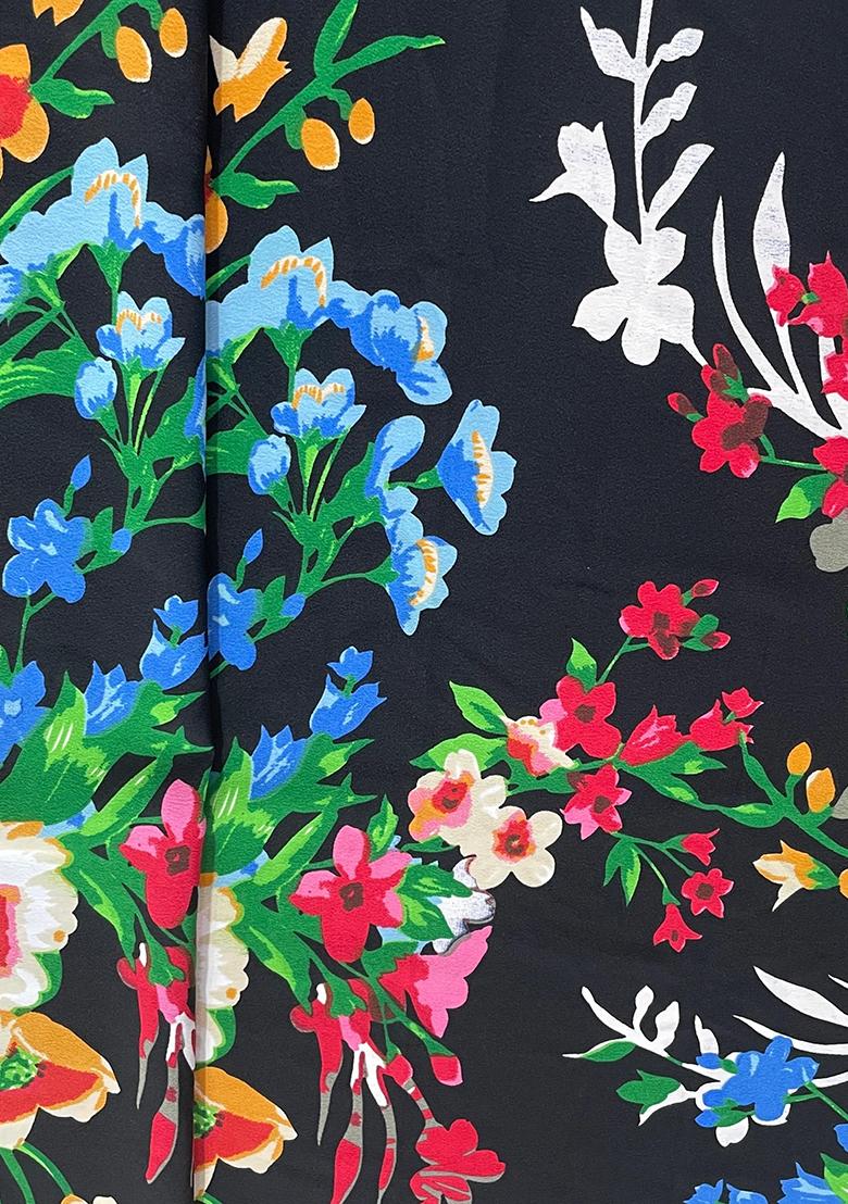 Black Georgette Printed Blouse Pre Draped Saree Set - Indya