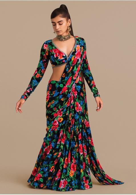 Black Georgette Printed Pre Draped Saree Set