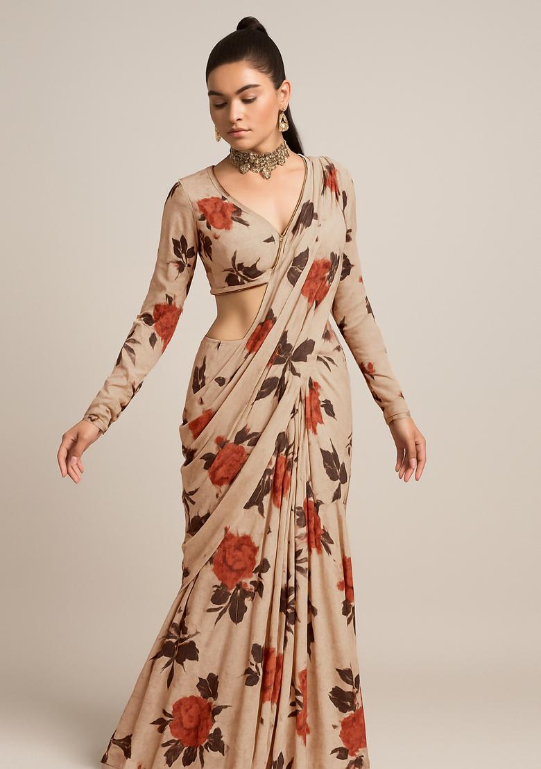 Light Brown Satin Printed Pre Draped Saree Set