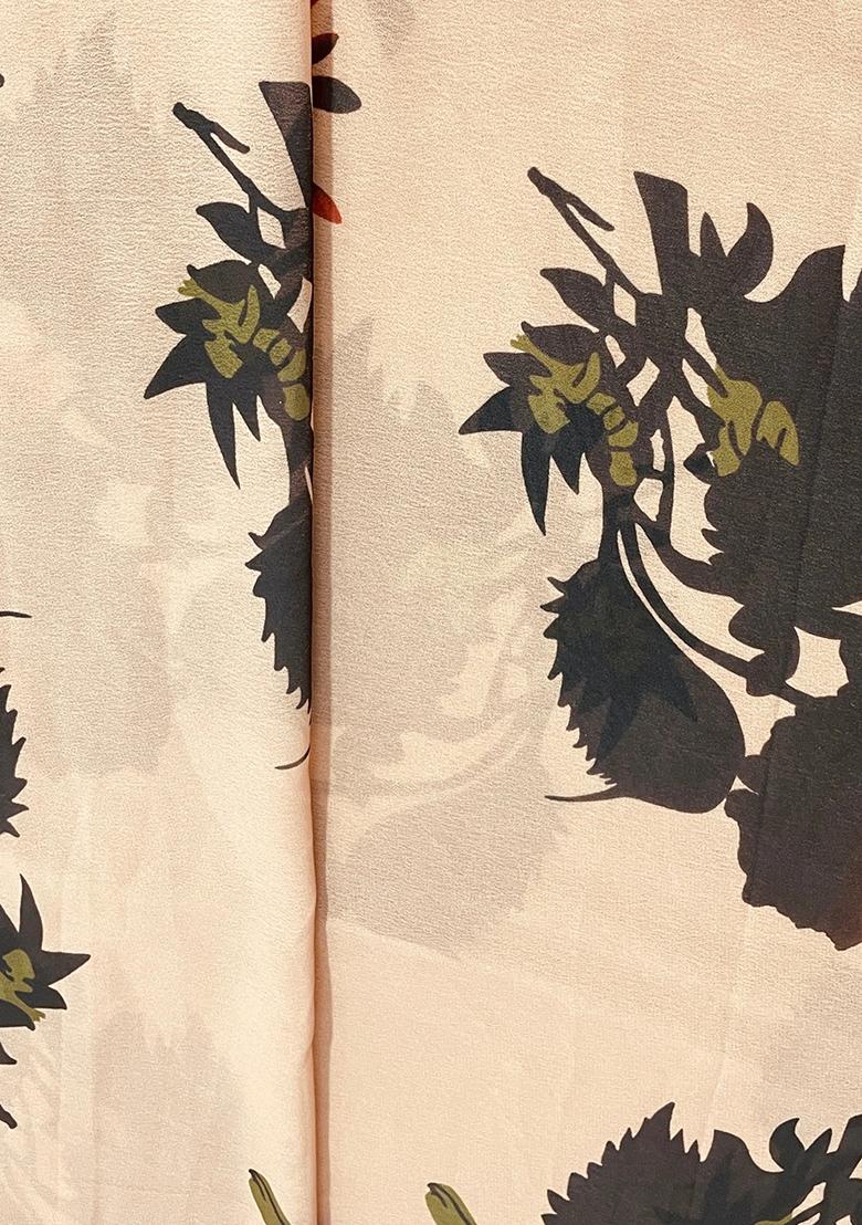 Light Brown Satin Printed Pre Draped Saree Set