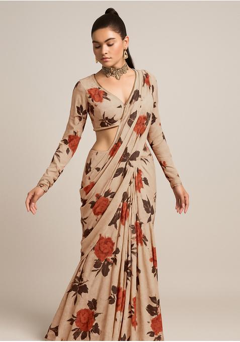 Light Brown Satin Printed Pre Draped Saree Set