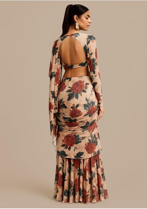 Light Brown Satin Printed Pre Draped Saree Set