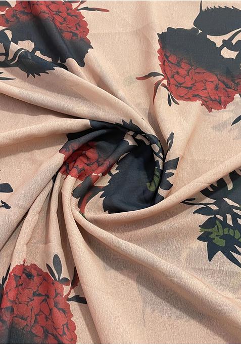 Light Brown Satin Printed Pre Draped Saree Set