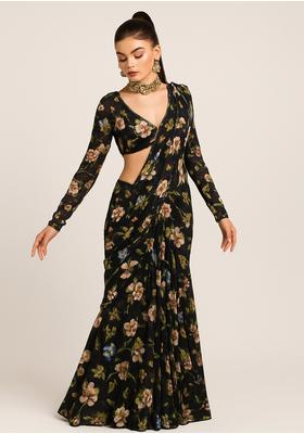 Black Georgette Printed Blouse Pre Draped Saree Set