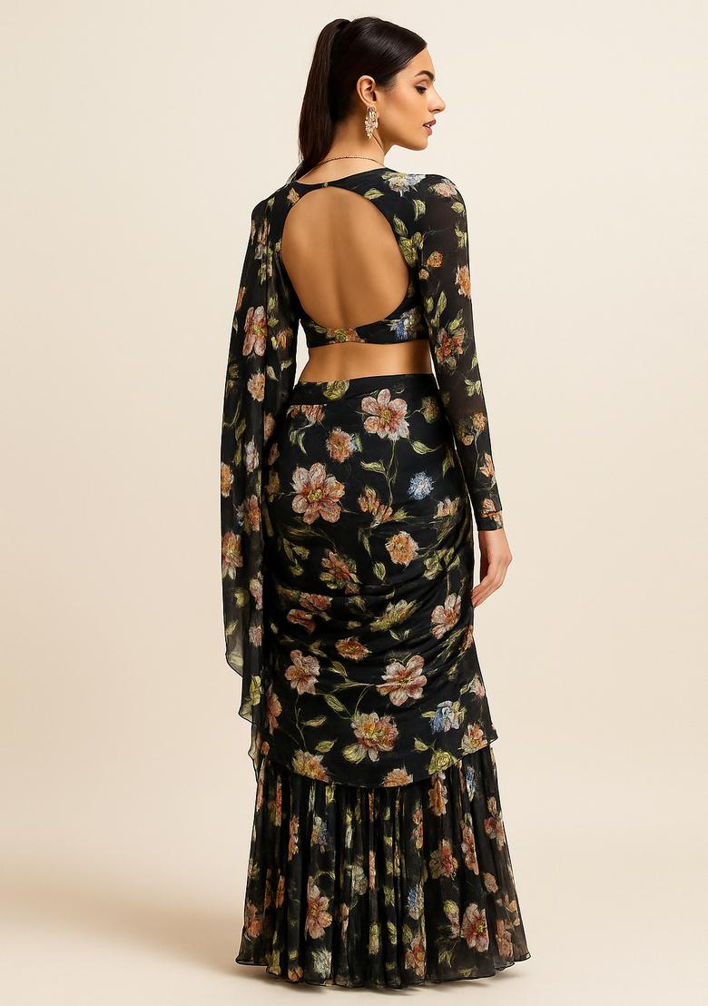 Black Georgette Printed Blouse Pre Draped Saree Set - Indya