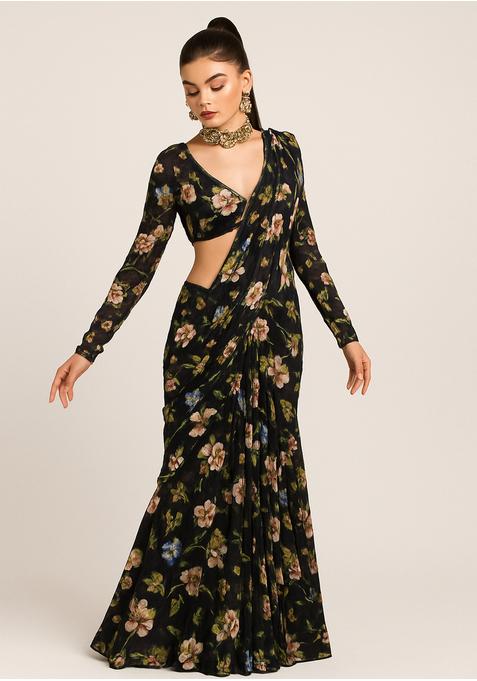 Black Georgette Printed Pre Draped Saree Set