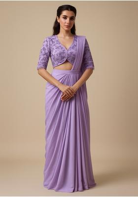 Purple Crepe Sequin Embroidered Blouse Pre Draped Saree Set