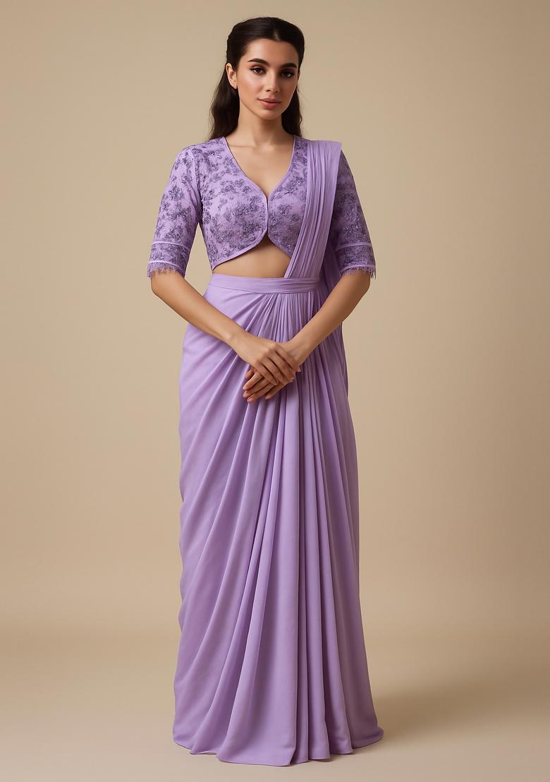 Lilac Sequin Blouse Georgette Pre Draped Saree Set