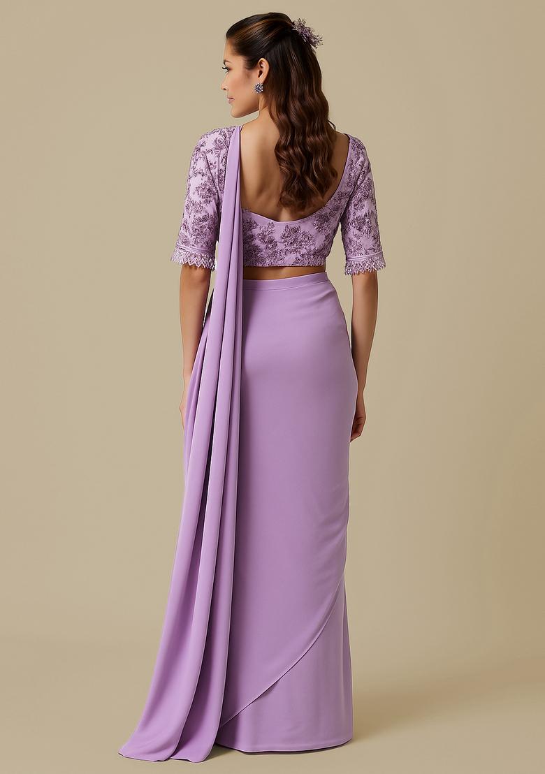Purple Crepe Sequin Embroidered Blouse Pre Draped Saree Set - Indya