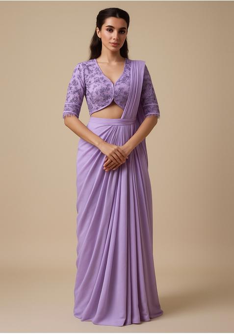 Lilac Sequin Blouse Georgette Pre Draped Saree Set