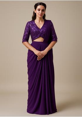 Purple Crepe Sequin Embroidered Blouse Pre Draped Saree Set