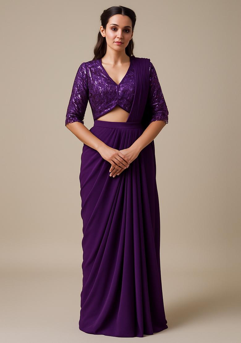 Purple Sequin Blouse Georgette Pre Draped Saree Set