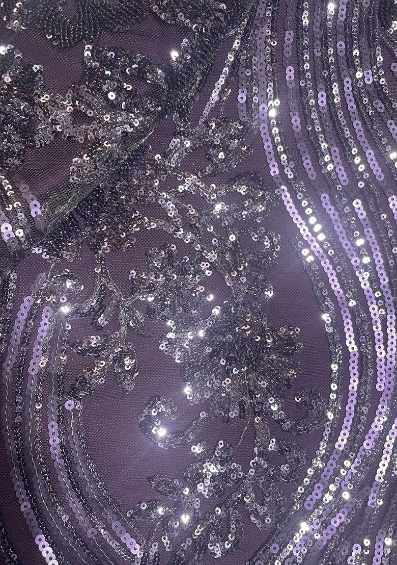 Purple Crepe Sequin Embroidered Blouse Pre Draped Saree Set - Indya