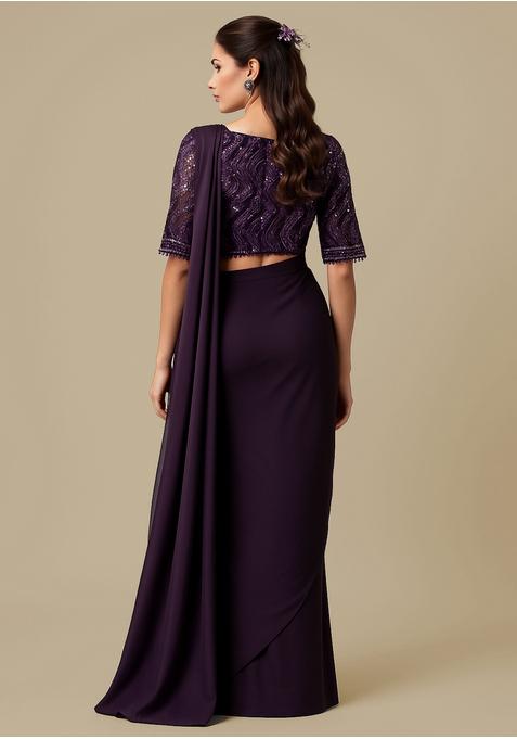 Purple Sequin Blouse Georgette Pre Draped Saree Set