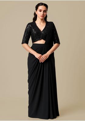 Black Crepe Sequin Embroidered Blouse Pre Draped Saree Set