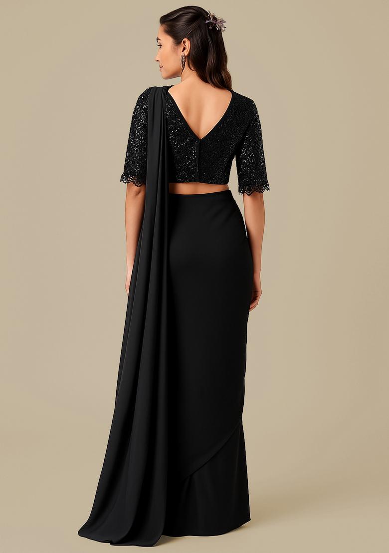 Black Crepe Sequin Embroidered Blouse Pre Draped Saree Set - Indya