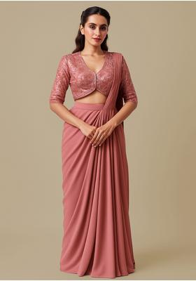 Peach Crepe Sequin Embroidered Blouse Pre Draped Saree Set