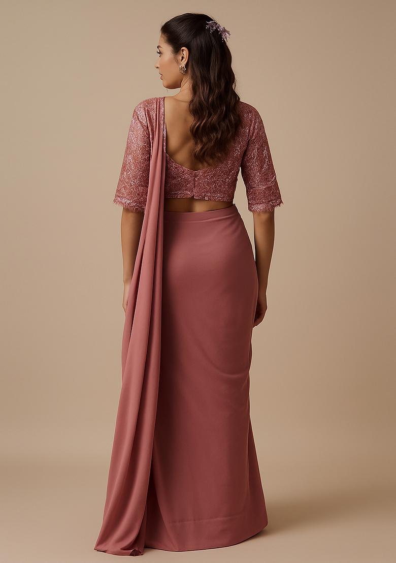 Peach Crepe Sequin Embroidered Blouse Pre Draped Saree Set - Indya