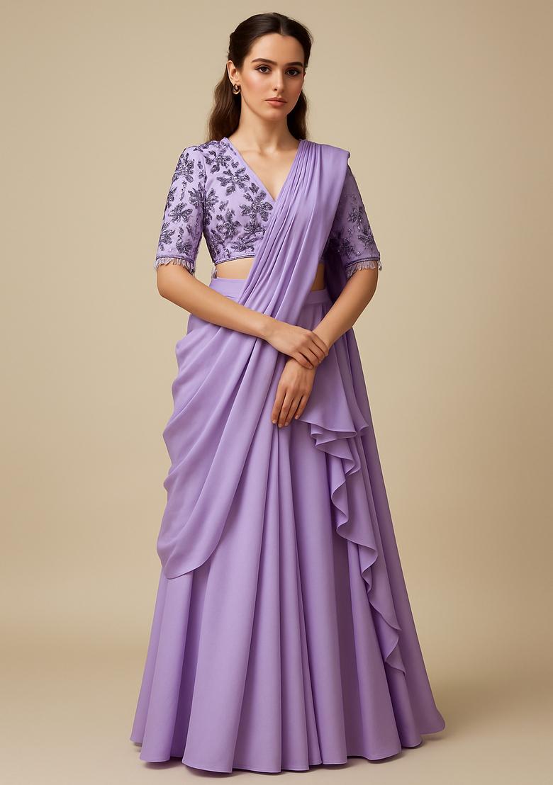 Lilac Sequin Blouse Georgette Pre Draped Saree Set