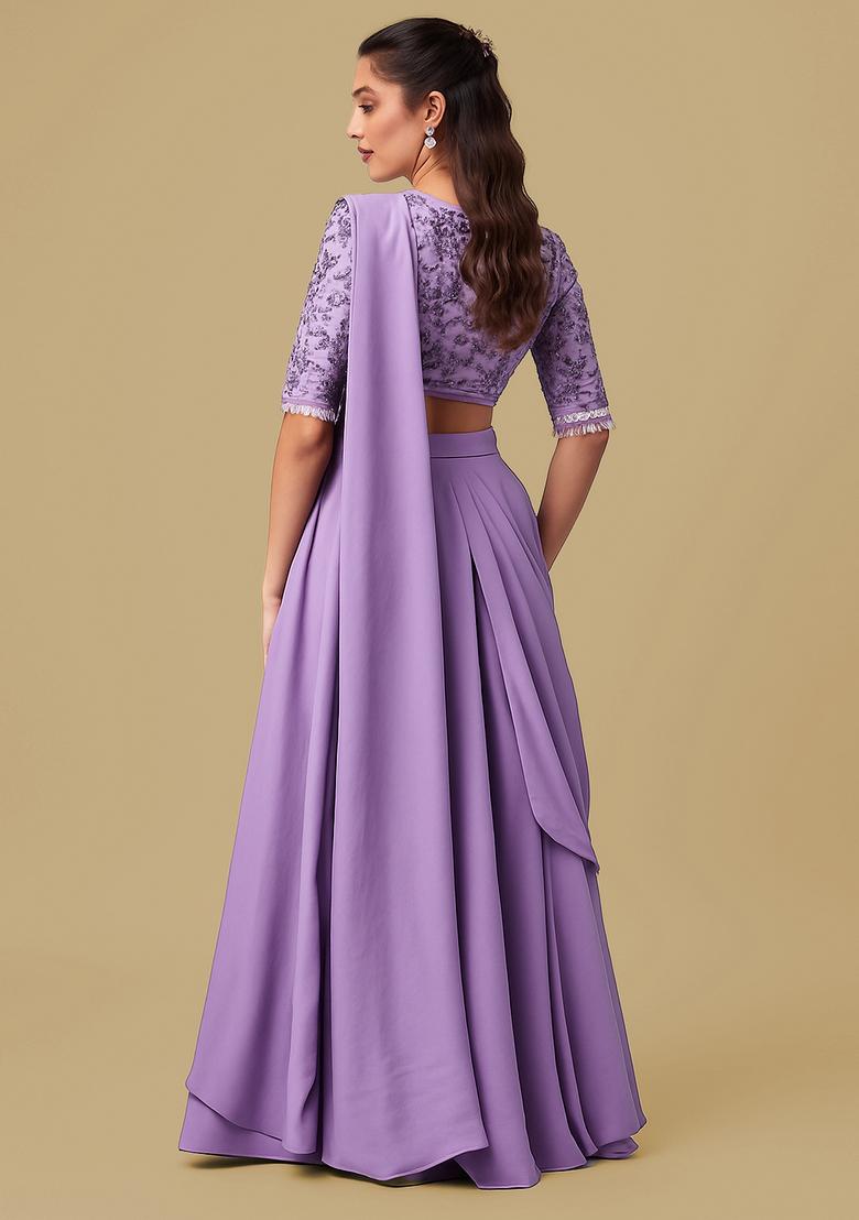 Purple Georgette Sequin Embroidered Blouse Pre Draped Saree Set - Indya