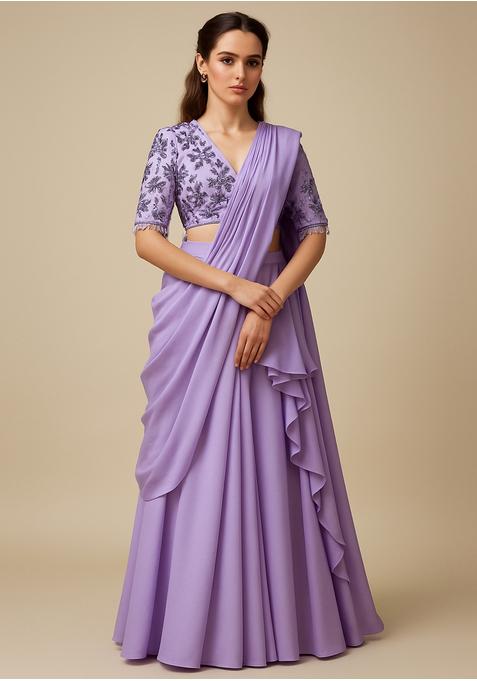 Lilac Sequin Blouse Georgette Pre Draped Saree Set