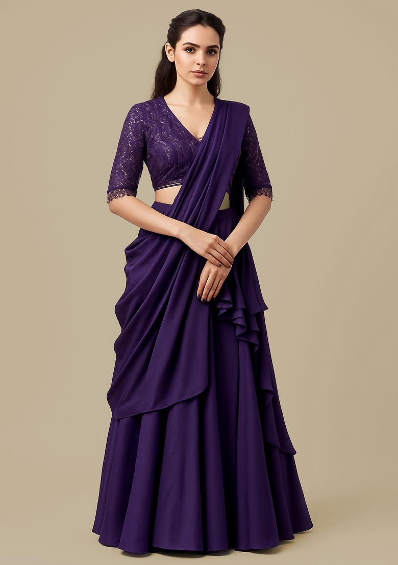 Purple Sequin Blouse Georgette Pre Draped Saree Set