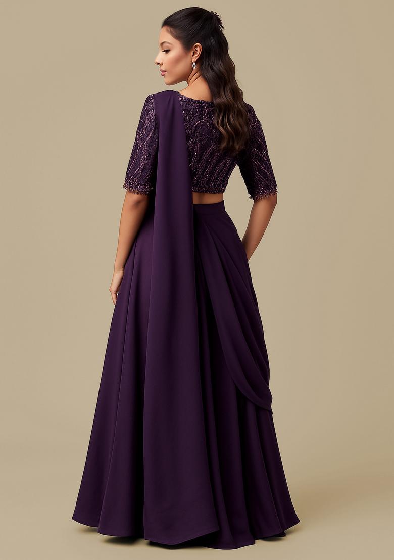 Purple Georgette Sequin Embroidered Blouse Pre Draped Saree Set - Indya