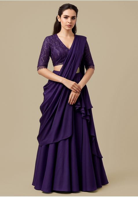 Purple Sequin Blouse Georgette Pre Draped Saree Set