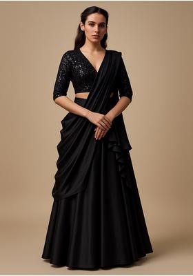 Black Georgette Sequin Embroidered Blouse Pre Draped Saree Set