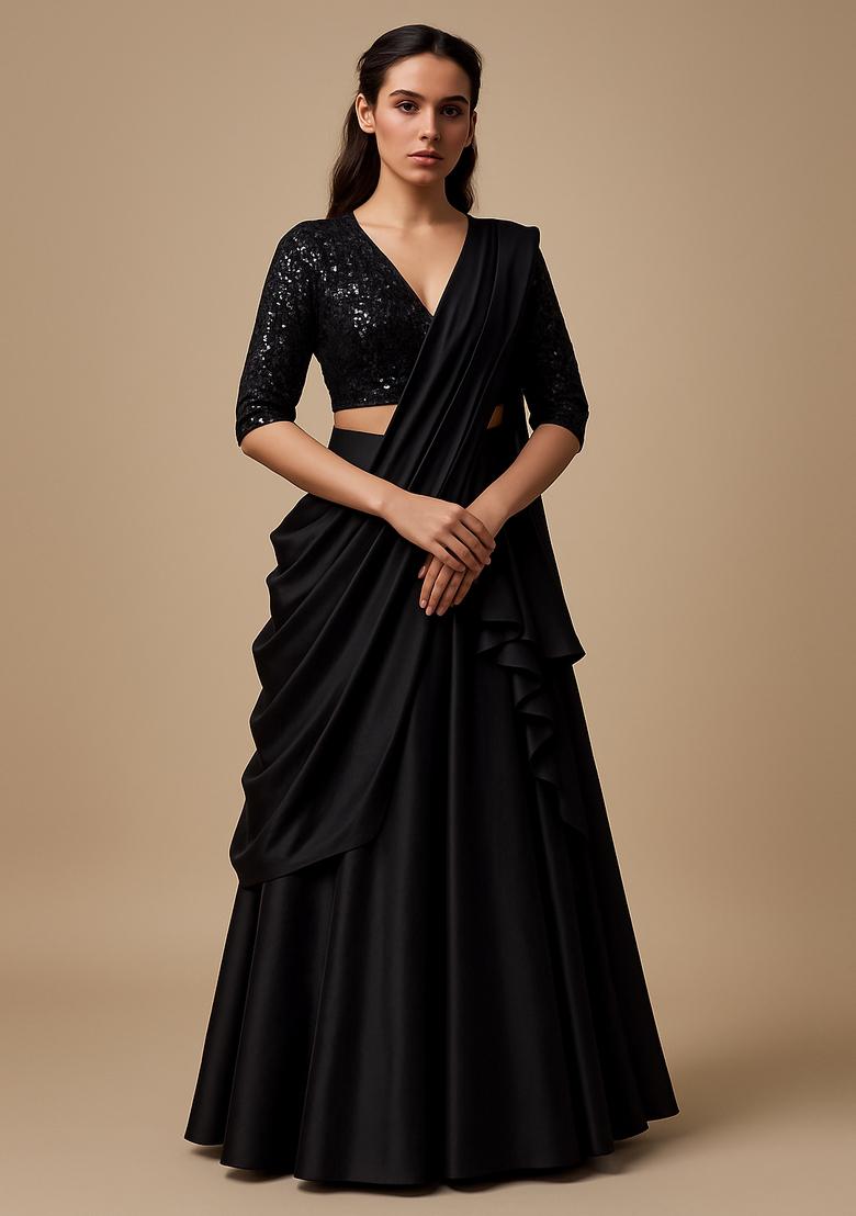 Black Sequin Blouse Georgette Pre Draped Saree Set