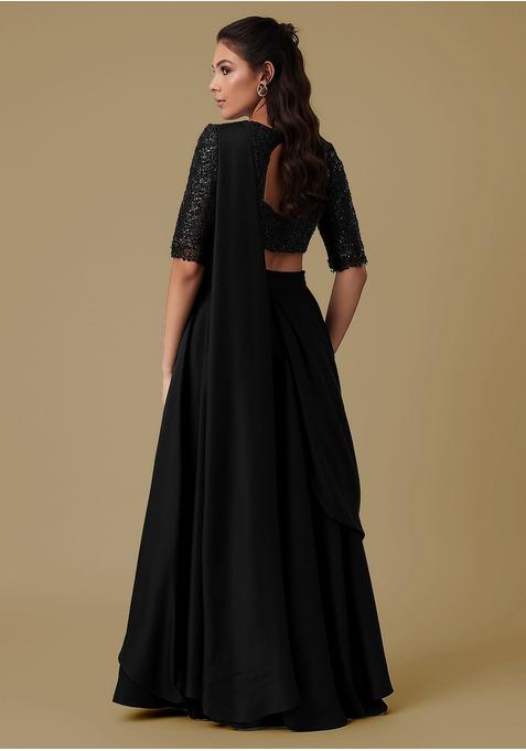 Black Sequin Blouse Georgette Pre Draped Saree Set