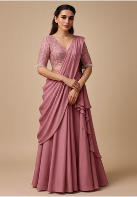 Peach Georgette Sequin Embroidered Blouse Pre Draped Saree Set